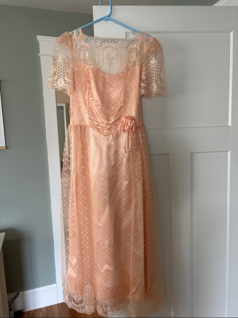 Peach Lace Overlay Satin Dress with Floral Rosette